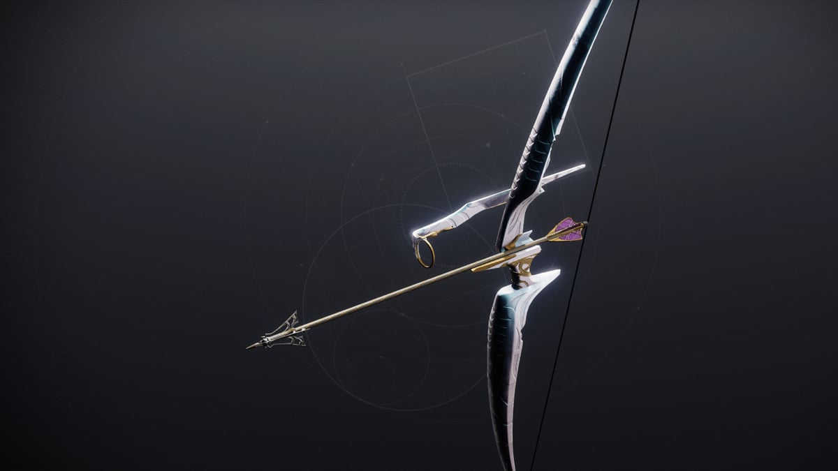 The Wish-Ender Exotic bow in Destiny 2. A white iridescent bow, with gold and purple arrows.