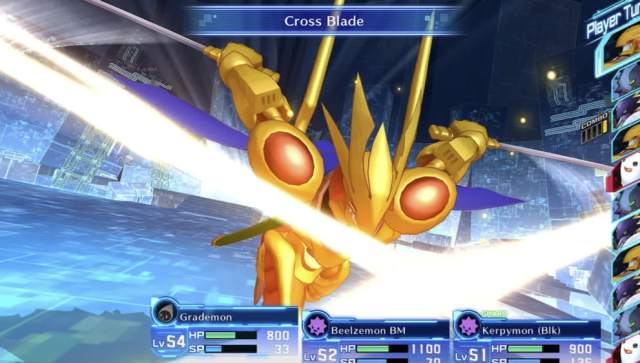 A screenshot showing a golden, insect-like humanoid creature slicing in front of him with two blades.