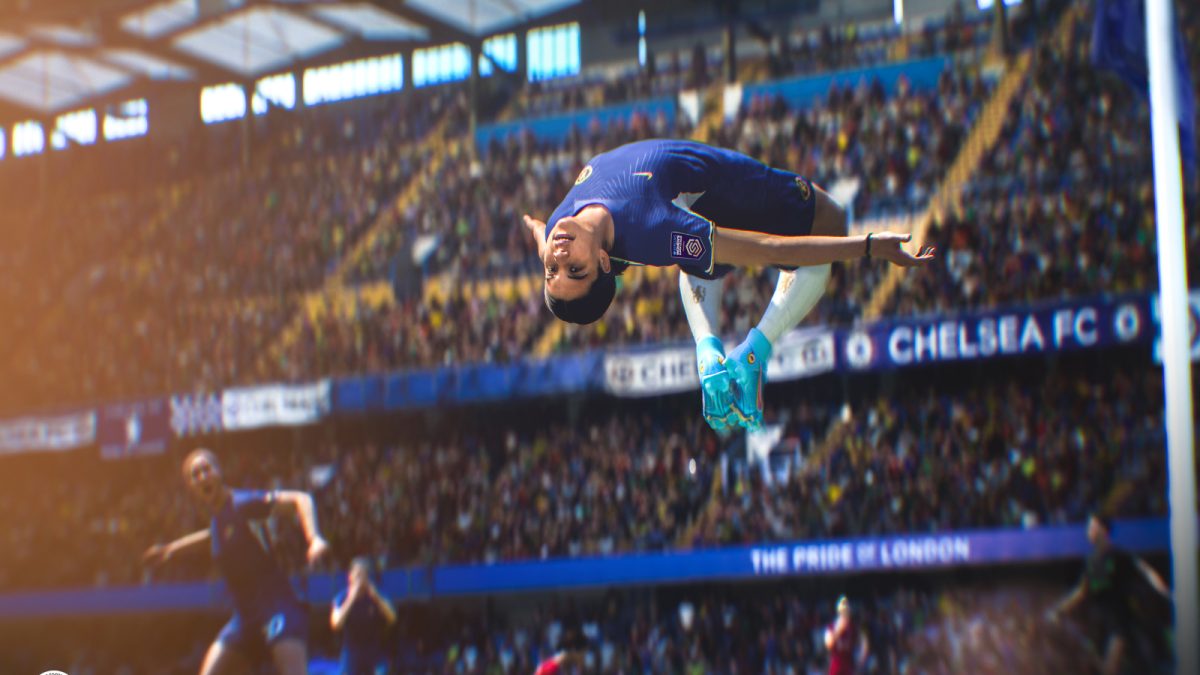 Chelsea striker Sam Kerr does a backflip to celebrate scoring at Stamford Bridge.