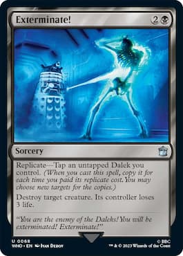 Image of Dalek shooting a ray beam at human through Exterminate Doctor Who MTG card