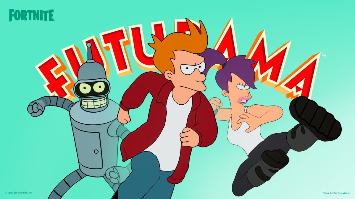 Futurama main characters Fry, Leela, and Bender in Fortnite.