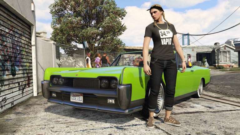 A person standing in front of a lowrider in GTA Online.