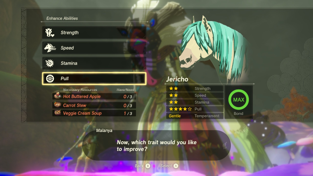 The Horse God menu shows different options for upgrading your horse's stats: Strength, Speed, Stamina, and Pull. The Pull stat requires Hot Buttered Apple, Carrot Stew, and Veggie Cream Soup.