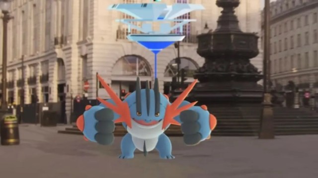 Mega Swampert walking around in the streets of London.