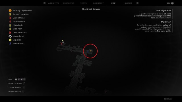 A screenshot of the map of Remnant 2 while inside The Great Sewers in Losomn. A red circle marks the right spot of the hidden passage where the Meridian is.