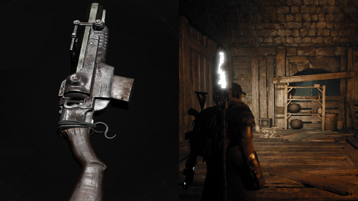 A collage of the Meridian handgun and the Handler in front of a secret passage in Remnant 2.