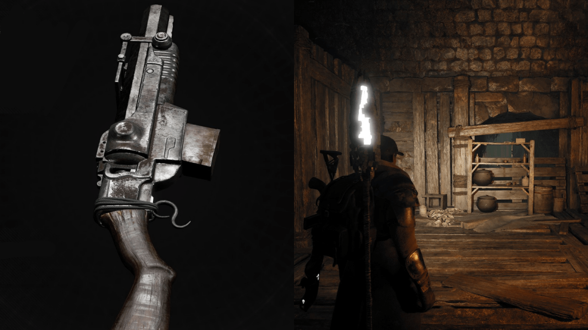 A collage of the Meridian handgun and the Handler in front of a secret passage in Remnant 2.