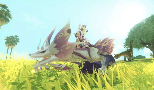 A wolf-like creatures stands against a grassy background with a human on its back.