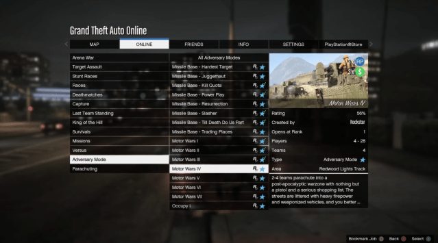 The Motor Wars game mode being shown in GTA Online