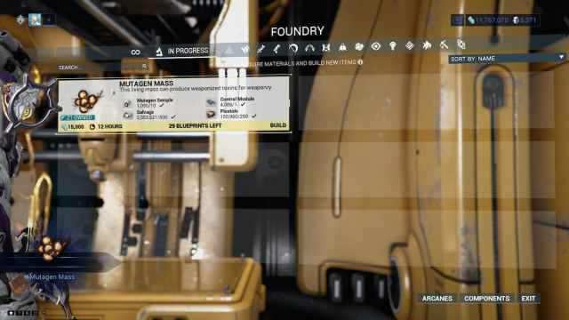 Mutagen Mass blueprint in the Foundry in Warframe