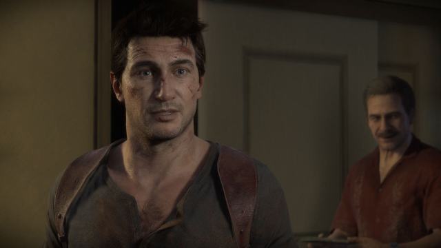 Nathan Drake looking surprised with Sully in the back.