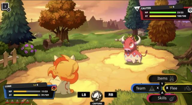 Nexomon fighting in a screenshot from the game, showing a lion-like creature facing a pink cow.