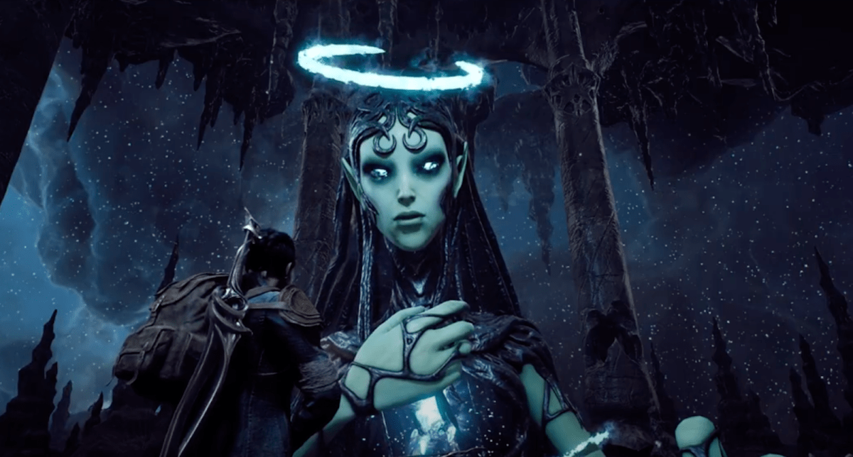 Nimue in Remnant 2, a giant elven creature that is glowing blue and wears a crescent moon-shaped halo above her head, hovering in a cave.