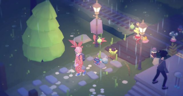 Cover art from Ooblets, showing the main character in a pink dress being followed by colorful blob creatures.