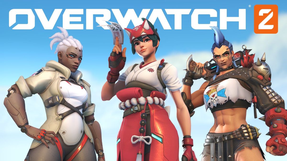 Official Overwatch 2 art featuring heroes Junker Queen, Sojourn, and Kiriko.