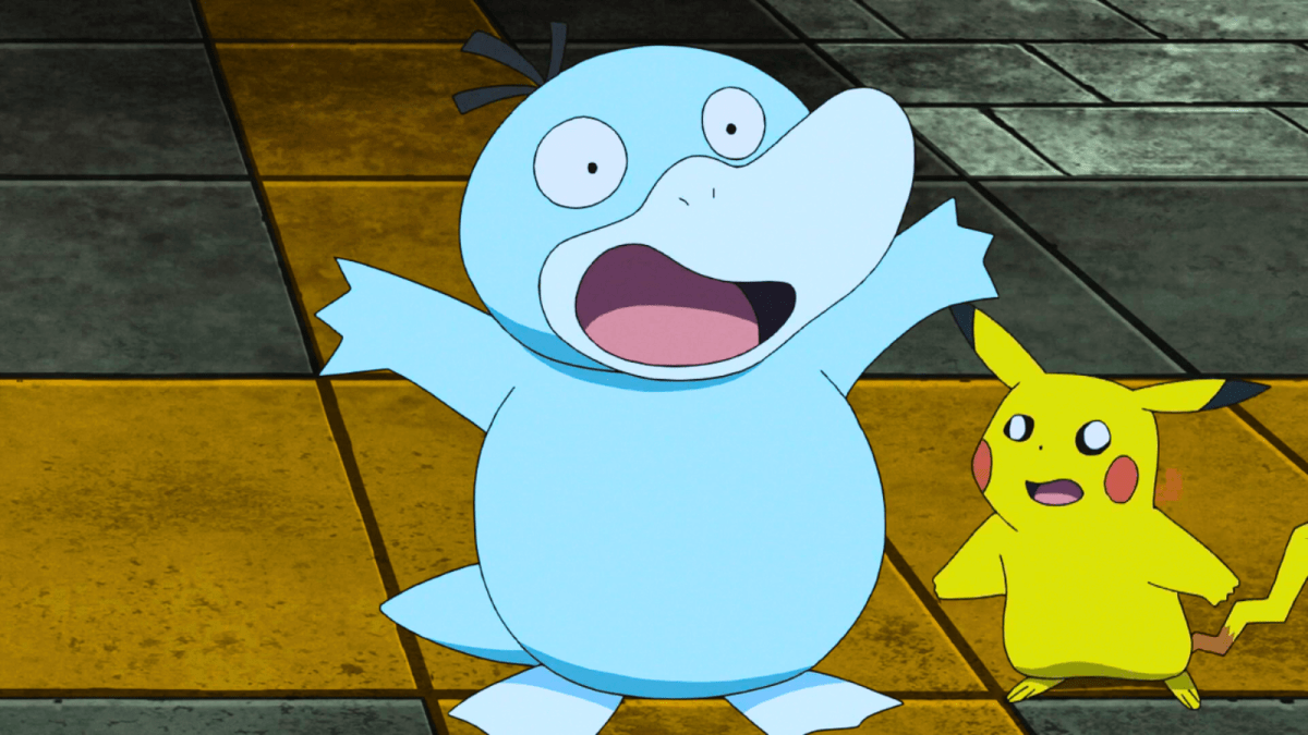 A happy Shiny Psyduck with a confused Pikachu in the Pokémon anime.