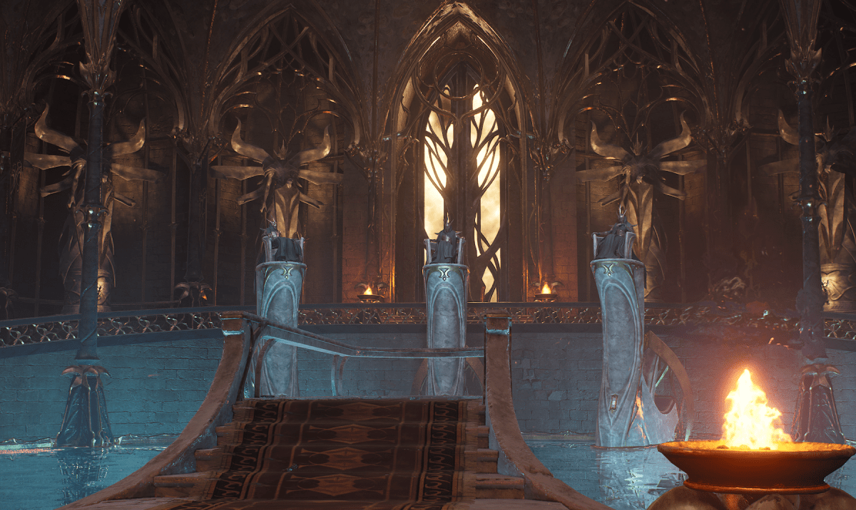 A screenshot from Remnant 2 showing three large council chairs made from marble. A red carpet-lined platform extends over an open area, facing the council members.