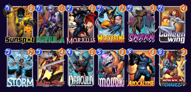 Marvel Snap deck consisting of Sunspot, Nebula, Morbius, Wolverine, Swarm, Colleen Wing, Storm, Lady Sif, Dracula, M.O.D.O.K., Apocalypse, and America Chavez. 