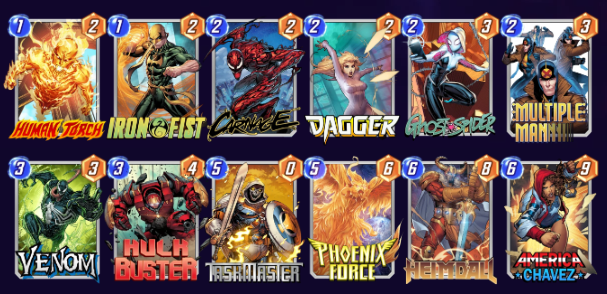 Marvel Snap deck consisting of Human Torch, Iron Fist, Carnage, Dagger, Ghost-Spider, Multiple Man, Venom, Hulk Buster, Taskmaster, Phoenix Force, Heimdall, and America Chavez. 