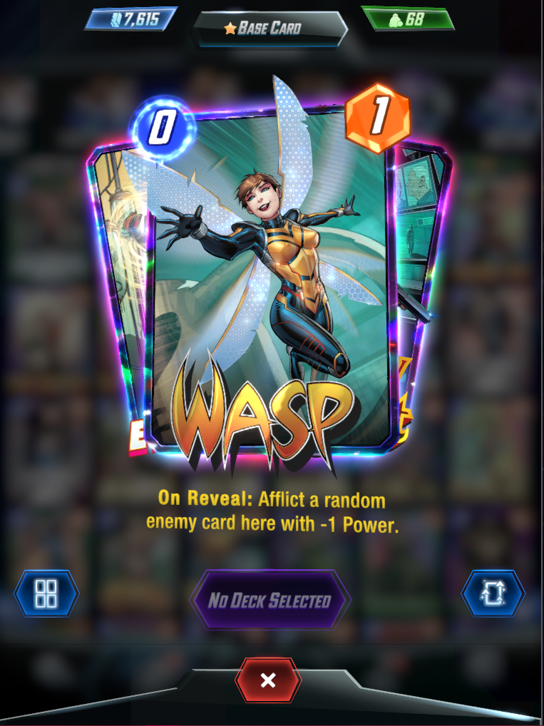 The Wasp card, which shows how she spreads her arms and wings while wearing her quantum realm suit. 