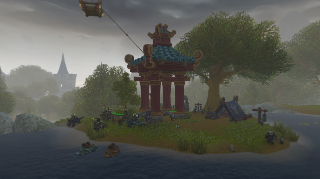 Stormwind City screenshot featuring the pagoda where the Pandaren hang out in Stormwind City.