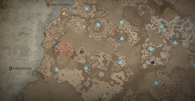 Image of the map of the Dry Steppes in Diablo 4, centered on the Temple of Rot in the western portion of the region.