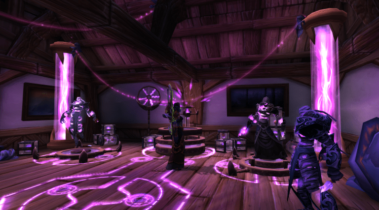 A WoW player browses the interior of the transmogrfication vendor's room in Stormwind City