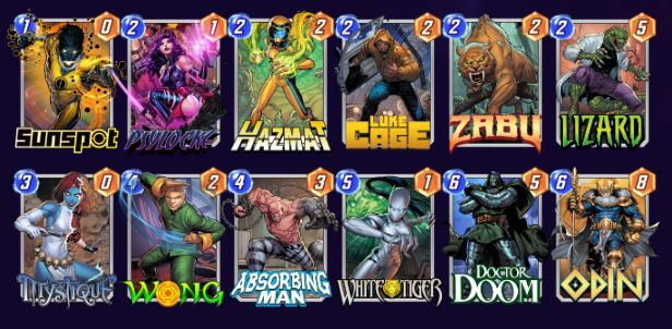 Marvel Snap deck consisting of Sunspot, Psylocke, Hazmat, Luke Cage, Zabu, Lizard, Mystique, Wong, Absorbing Man, White Tiger, Doctor Doom, and Odin. 