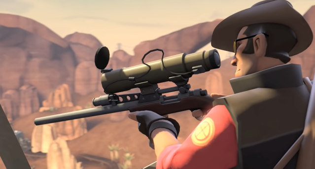 Image of the Sniper looking down his weapon's scope, possible to take out enemies below.