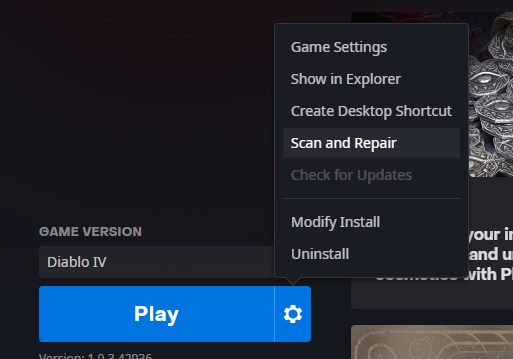 Screengrab of the Battle.net option for Diablo 4 to 'Scan and Repair.'
