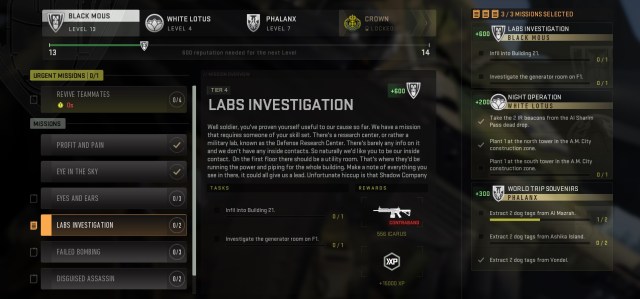 A screenshot of the faction mission menu in DMZ, with the Labs Investigation mission details displayed.