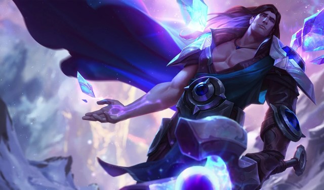 Taric holding his weapon in his default skin splash art.