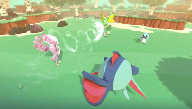 Four creatures stand across a bright green, grassy background in this screenshot from TemTem.