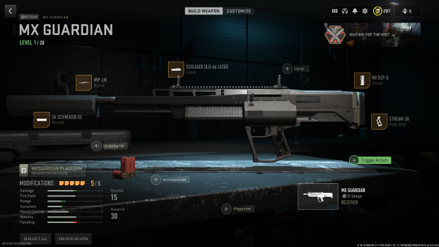 The MX Guardian in the Call of Duty: Warzone gunsmith screen.