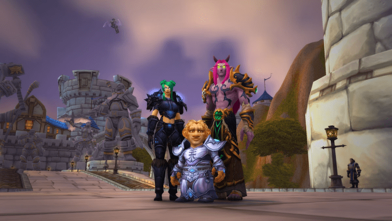 Human, Night Elf, and Gnome standing at the Stormwind Gates