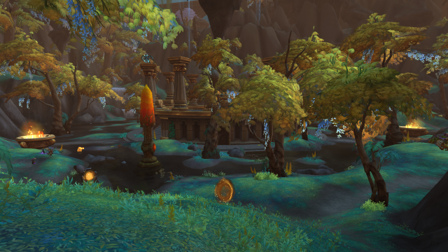 Greenery and titan structures in the Tyrhold Reservoir in WoW Dragonflight