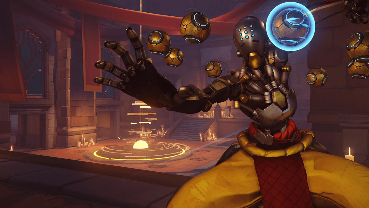 Zenyatta, a floating zen-like Omnic robot from Overwatch 2 fires his orbs.