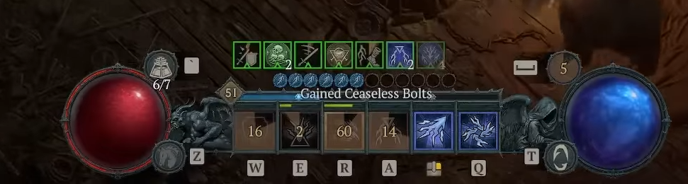 Sorcerer action bar in Diablo 4, showing six out of the twelve Cracking Energy charge slots full.