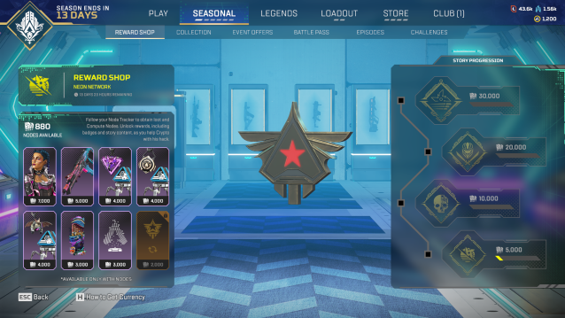 The reward shop for the Neon Network event in Apex Legends. Eight rewards are displayed on the screen, as well as four unlockable badges.