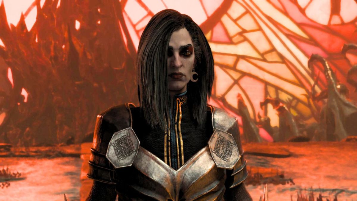 Woman with short hair wearing metal armor in a room with stained glass in Diablo 4