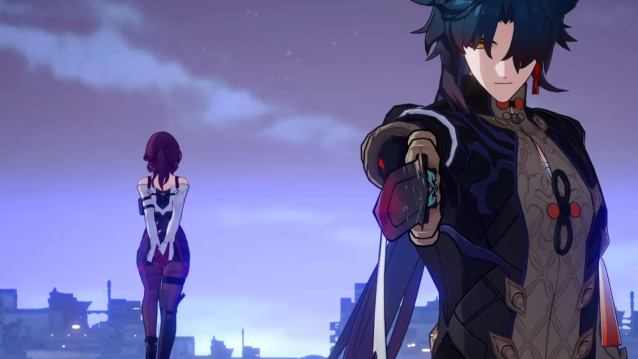 Kafka stranding in the distance holding her hands behind her back with her back turned while Blade is closer and pointing his sword menacingly.