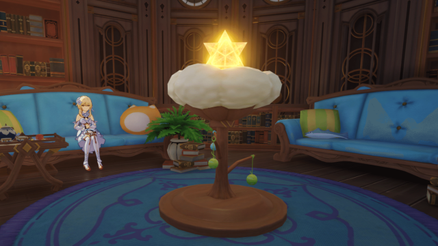 The female Traveler sitting on a couch in a cozy cat room.