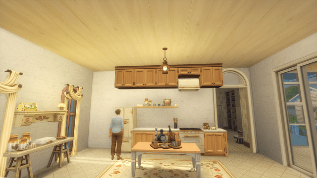 A Sims standing in front of a fridge in a kitchen with a wooden painted ceiling.