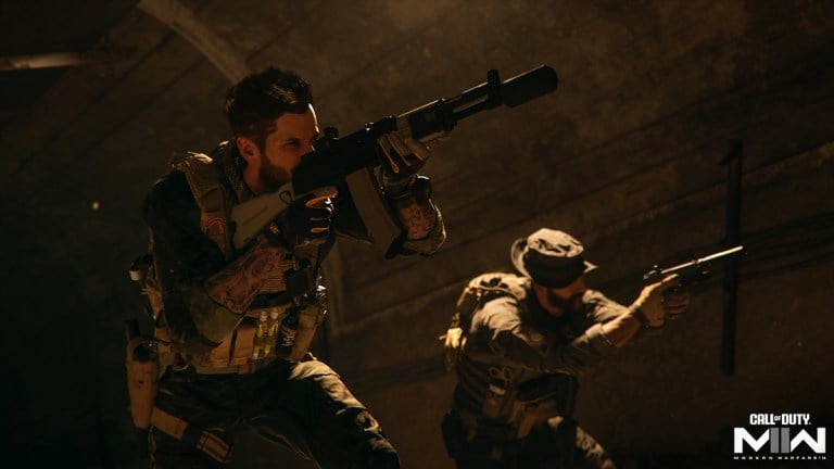 Soap (left) and Price (right), two main characters in the Call of Duty: Modern Warfare franchise, wearing tactical military equipment and moving underground in a tunnel holding weapons.