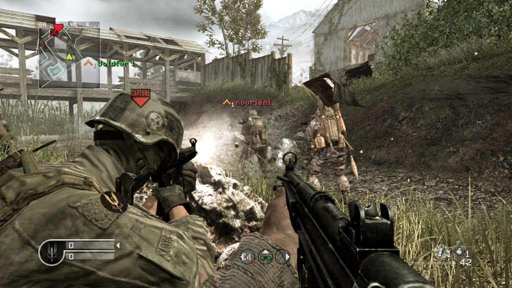 A screenshot of Call of Duty 4 gameplay on the map Overgrown.