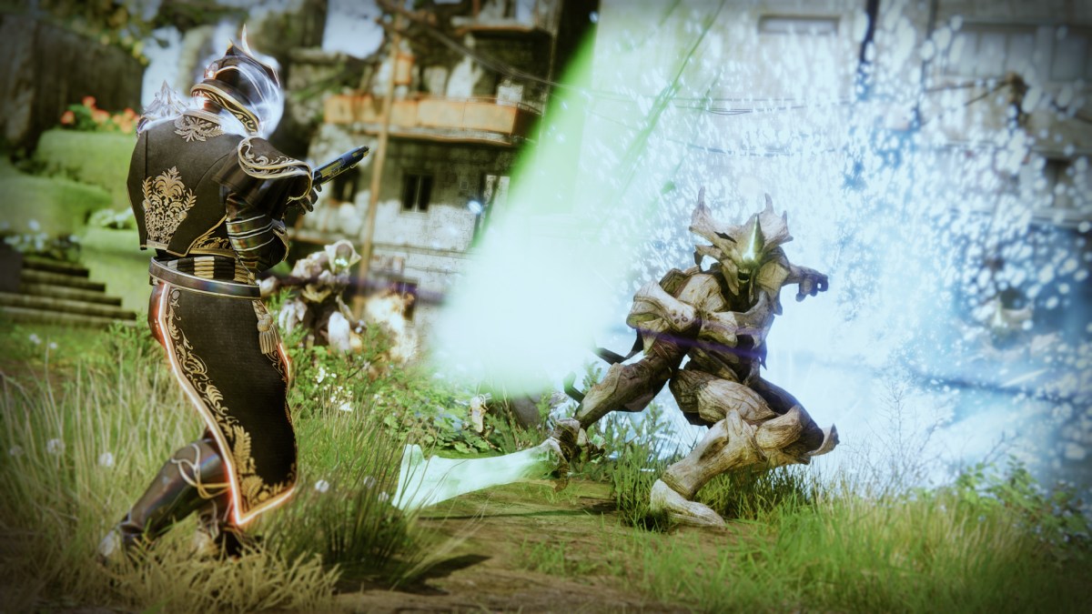 A Hive Knight from Destiny 2 attacks a Guardian who is wearing armor from the Solstice 2023 event in the EAZ.