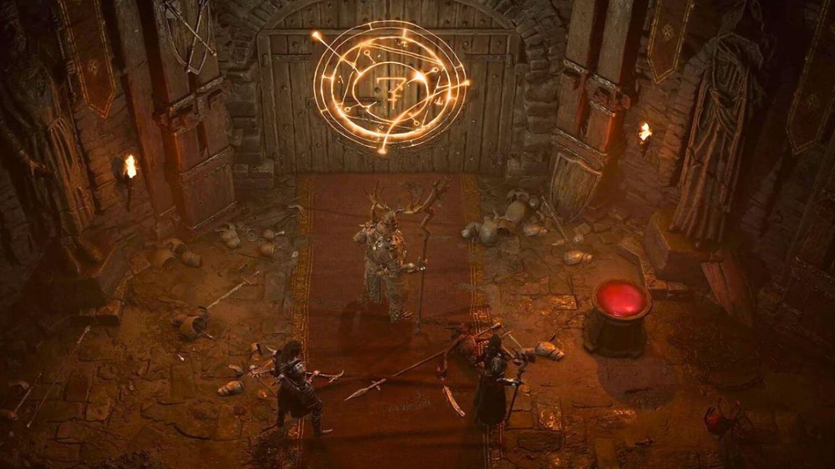 Three people standing in front of a glowing door with a symbol on it in Diablo 4