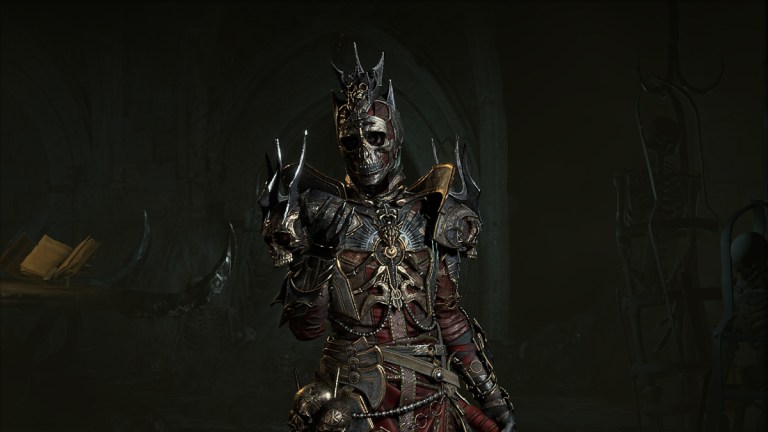 A Necromancer in Diablo 4, wearing sharp thorned armor and grinning menacingly.