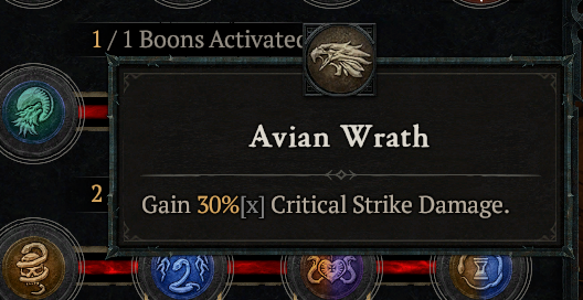 A screenshot of the Avian Wrath Spirit Boon for Druid in Diablo 4.