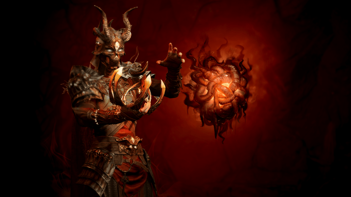 An image of a Diablo 4 character with a Malignant Heart, The character and heart both have a red hue and demonic embellishments.